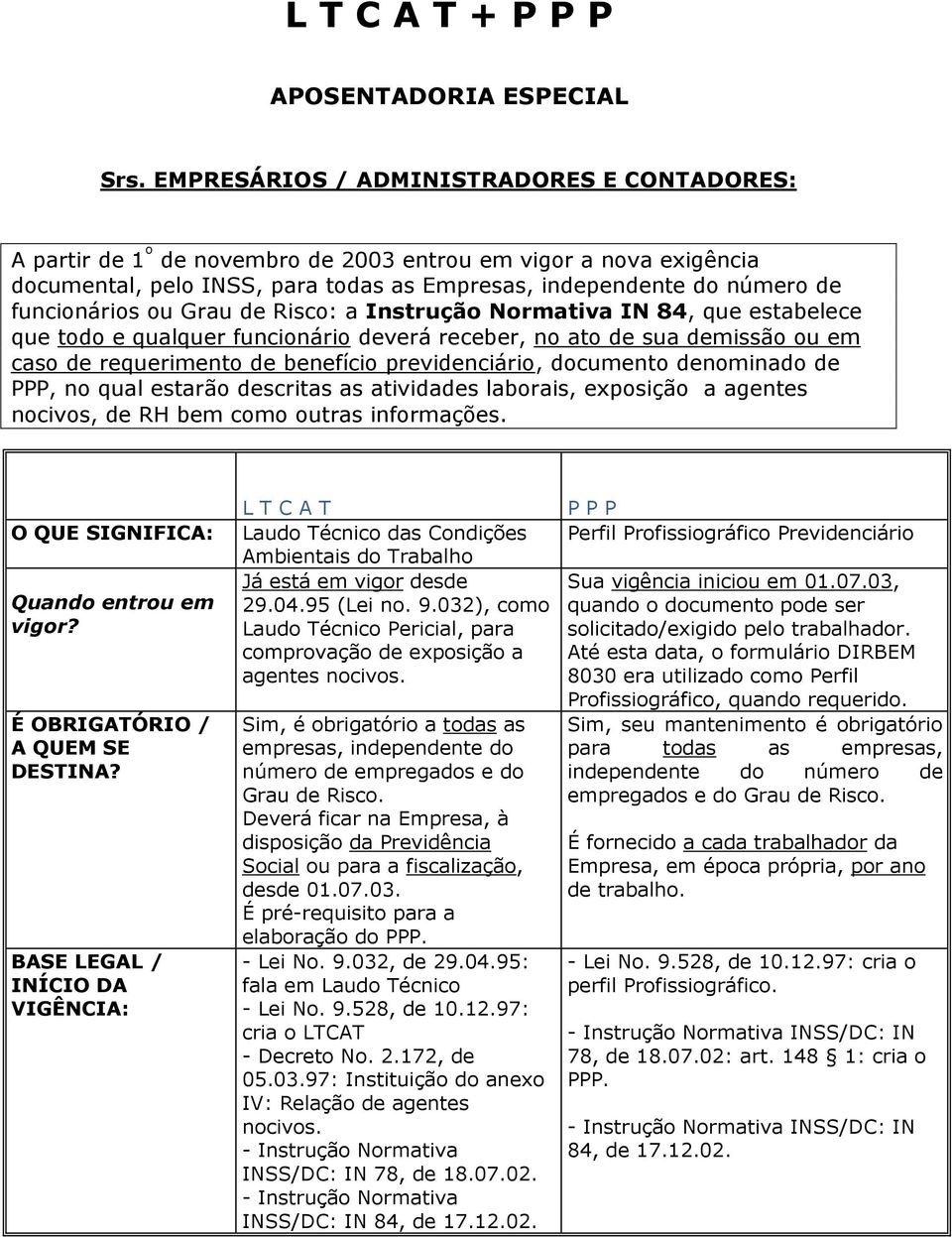 ou Grau de Risco: a Instrução Normativa IN 84, que estabelece que todo e qualquer funcionário deverá receber, no ato de sua demissão ou em caso de requerimento de benefício previdenciário, documento