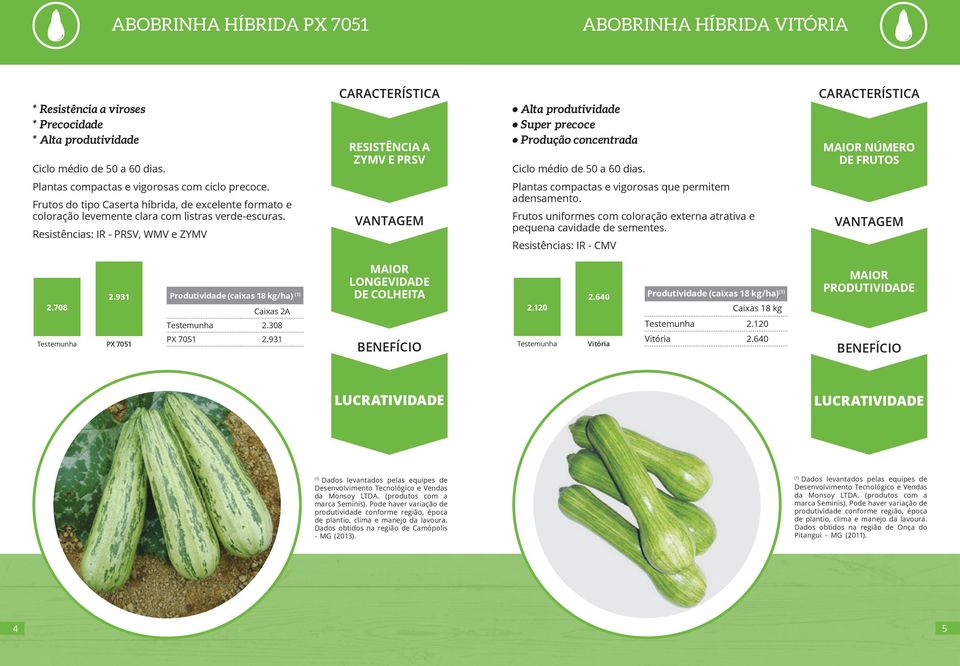 Frutos do tipo Caserta híbrida, de excelente formato e coloração levemente clara com listras verde-escuras. Resistências: IR - PRSV, WMV e ZYMV Plantas compactas e vigorosas que permitem adensamento.