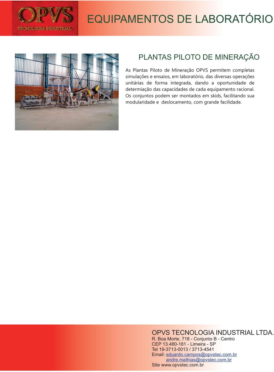 Os conjuntos podem ser montados em skids, facilitando sua modularidade e deslocamento, com grande facilidade. OPVS TECNOLOGIA INDUSTRIAL LTDA. R.