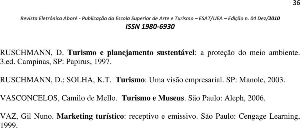 SP: Manole, 2003. VASCONCELOS, Camilo de Mello. Turismo e Museus. São Paulo: Aleph, 2006.