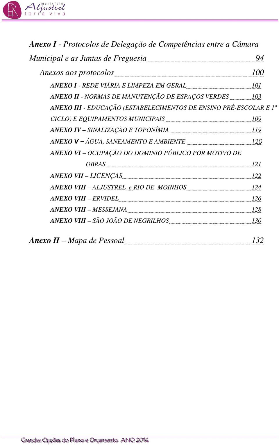 119 ANEXO V ÁGUA, SANEAMENTO E AMBIENTE 120 ANEXO VI OCUPAÇÃO DO DOMINIO PÚBLICO POR MOTIVO DE OBRAS 121 ANEXO VII LICENÇAS 122 ANEXO VIII ALJUSTREL e RIO DE MOINHOS 124 ANEXO VIII