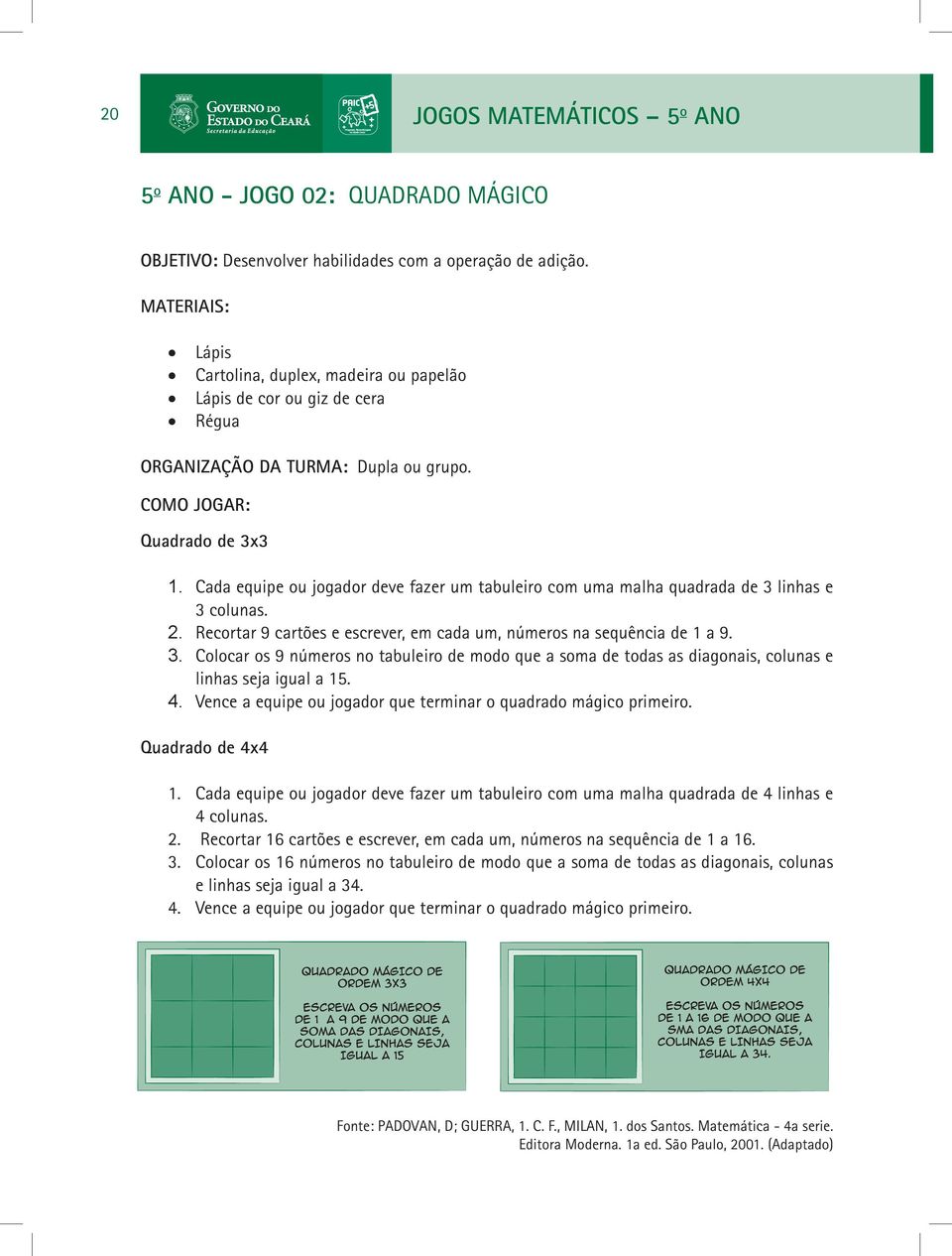 Cada equipe ou jogador deve fazer um tabuleiro com uma malha quadrada de 3 linhas e 3 colunas. 2. Recortar 9 cartões e escrever, em cada um, números na sequência de 1 a 9. 3. Colocar os 9 números no tabuleiro de modo que a soma de todas as diagonais, colunas e linhas seja igual a 15.