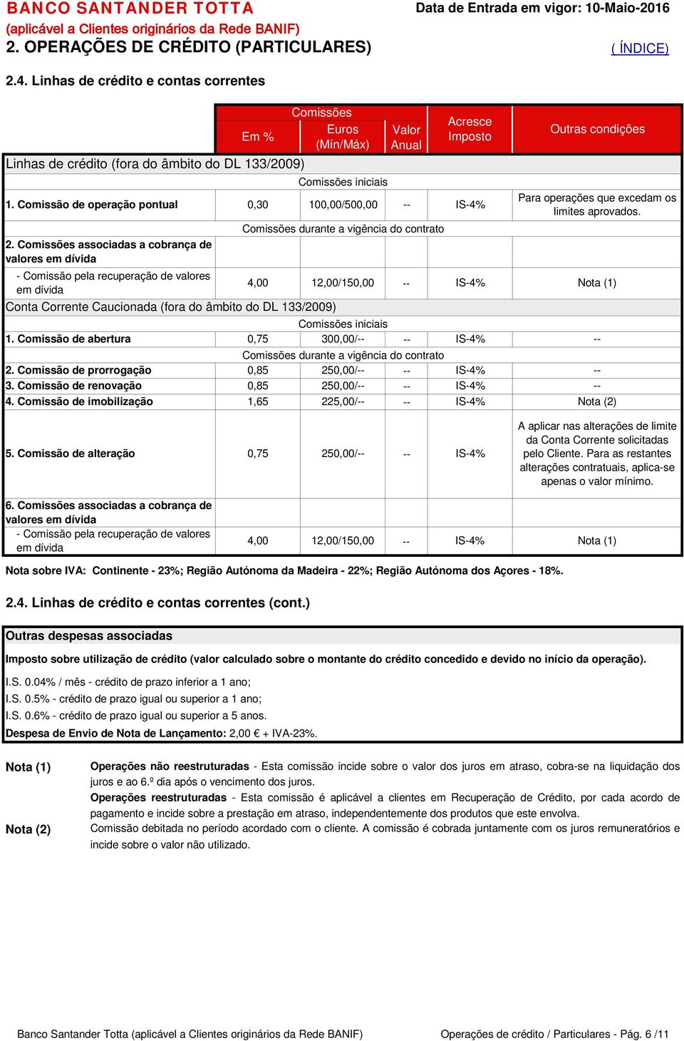 associadas a cobrança de valores em dívida - Comissão pela recuperação de valores em dívida Conta Corrente Caucionada (fora do âmbito do DL 133/2009) durante a vigência do contrato Outras condições