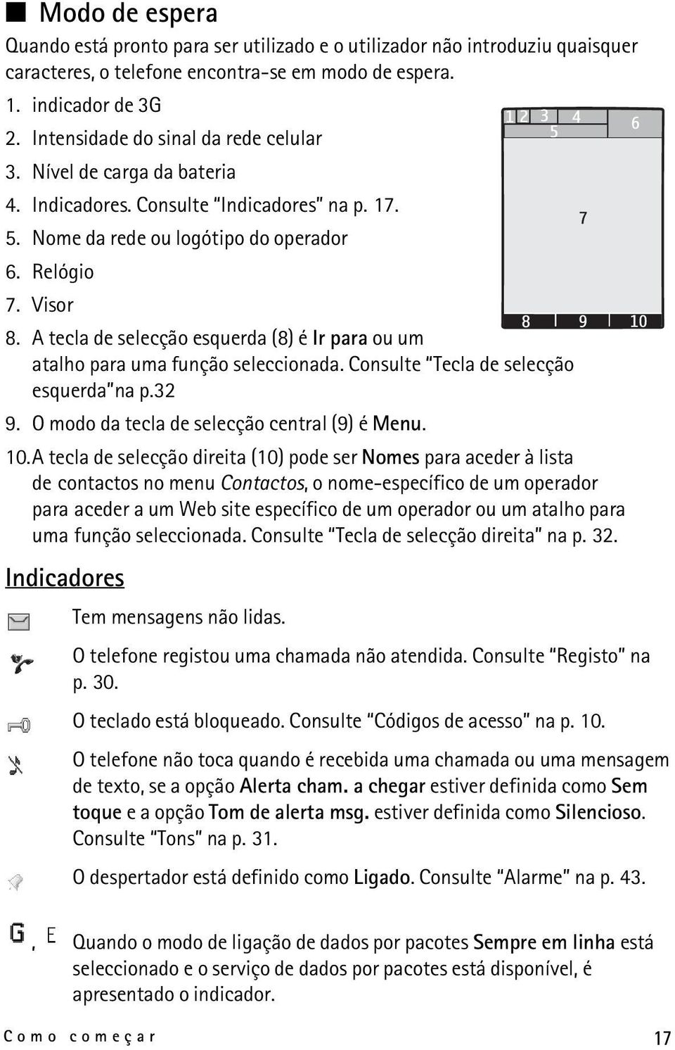 A tecla de selecção esquerda (8) é Ir para ou um atalho para uma função seleccionada. Consulte Tecla de selecção esquerda na p.32 9. O modo da tecla de selecção central (9) é Menu. 10.