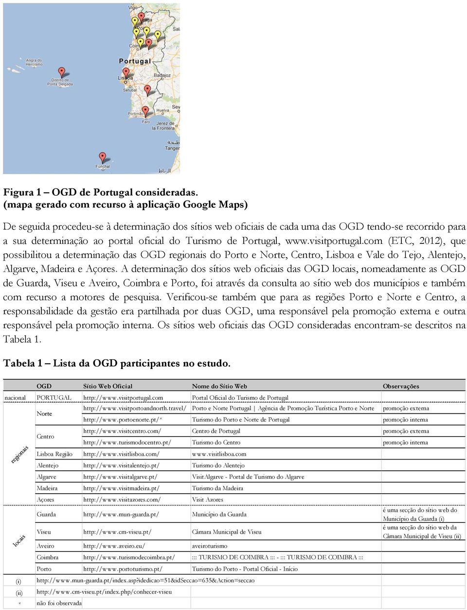 Turismo de Portugal, www.visitportugal.com (ETC, 2012), que possibilitou a determinação das OGD regionais do Porto e Norte, Centro, Lisboa e Vale do Tejo, Alentejo, Algarve, Madeira e Açores.
