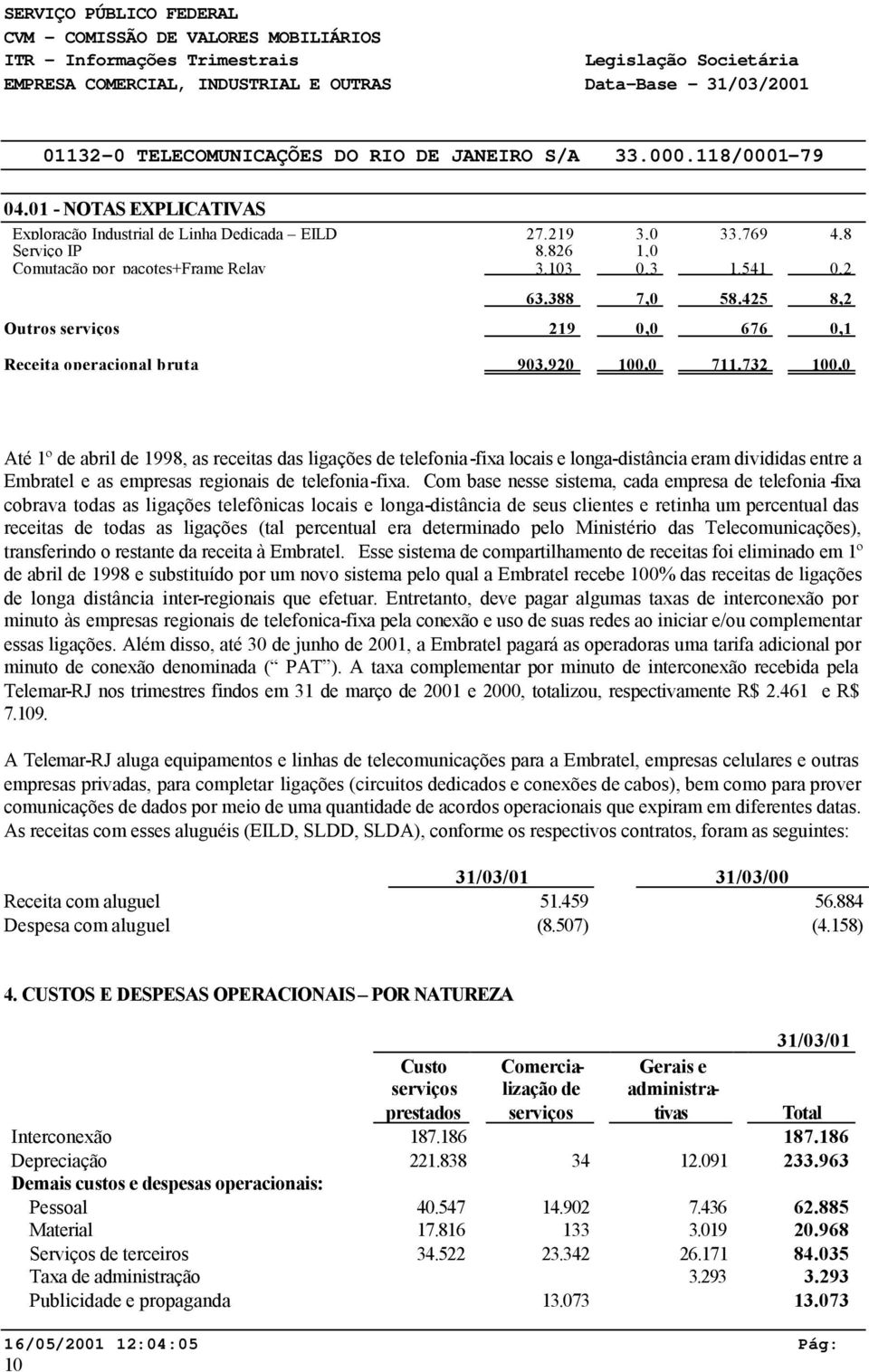 732 100,0 Até 1º de abril de 1998, as receitas das ligações de telefonia-fixa locais e longa-distância eram divididas entre a Embratel e as empresas regionais de telefonia-fixa.