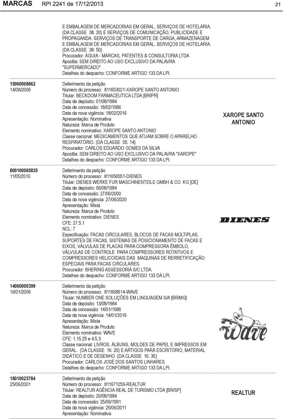 50) Procurador: ÁGUIA - MARCAS, PATENTES & CONSULTORIA LTDA Apostila: SEM DIREITO AO USO EXCLUSIVO DA PALAVRA "SUPERMERCADO" Número do processo: 811653021-XAROPE SANTO ANTONIO Titular: BECKDOM