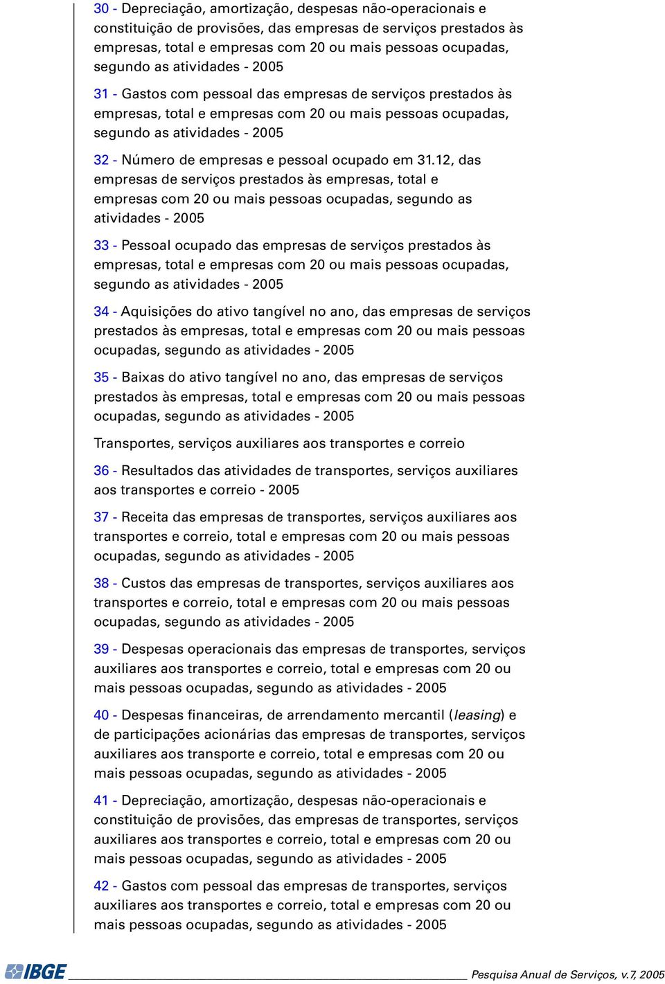 12, das empresas serviços prestados às empresas, total e empresas com 20 ou mais pessoas ocupadas, segundo as atividas - 2005 33 - Pessoal ocupado das empresas serviços prestados às empresas, total e