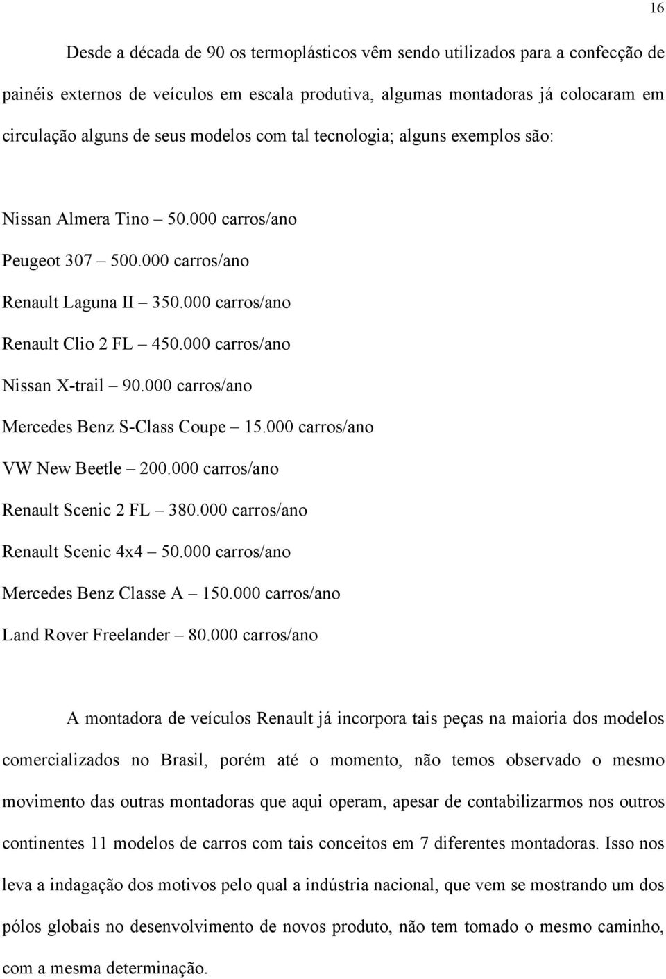 000 carros/ano Nissan X-trail 90.000 carros/ano Mercedes Benz S-Class Coupe 15.000 carros/ano VW New Beetle 200.000 carros/ano Renault Scenic 2 FL 380.000 carros/ano Renault Scenic 4x4 50.