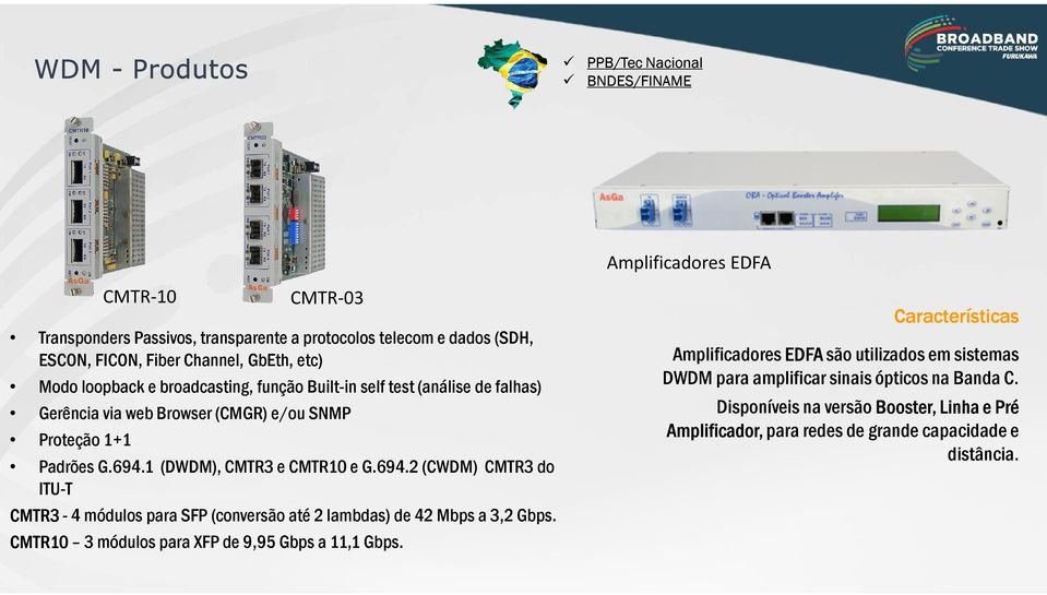 1 (DWDM), CMTR3 e CMTR10 e G.694.2 (CWDM) CMTR3 do ITU-T CMTR3-4 módulos para SFP (conversão até 2 lambdas) de 42 Mbps a 3,2 Gbps. CMTR10 3 módulos para XFP de 9,95 Gbps a 11,1 Gbps.
