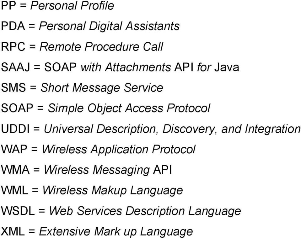 Universal Description, Discovery, and Integration WAP = Wireless Application Protocol WMA = Wireless