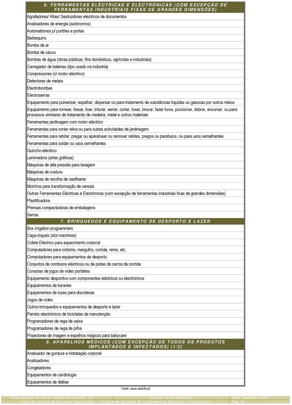 fins domésticos, agrícolas e industriais) Carregador de baterias (tipo usado na indústria) Compressores (c/ motor eléctrico) Detectores de metais Electrobombas Electroserras Equipamento para