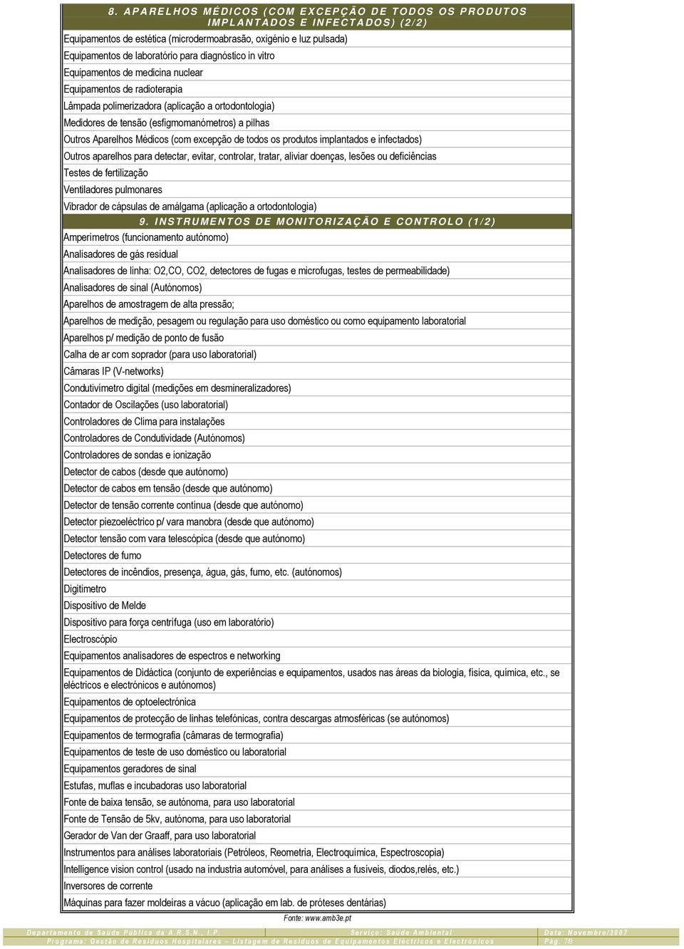 Medidores de tensão (esfigmomanómetros) a pilhas Outros Aparelhos Médicos (com excepção de todos os produtos implantados e infectados) Outros aparelhos para detectar, evitar, controlar, tratar,