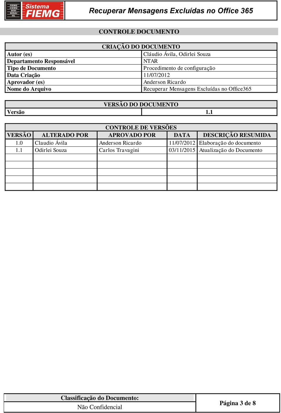 Office365 VERSÃO DO DOCUMENTO Versão 1.1 CONTROLE DE VERSÕES VERSÃO ALTERADO POR APROVADO POR DATA DESCRIÇÃO RESUMIDA 1.