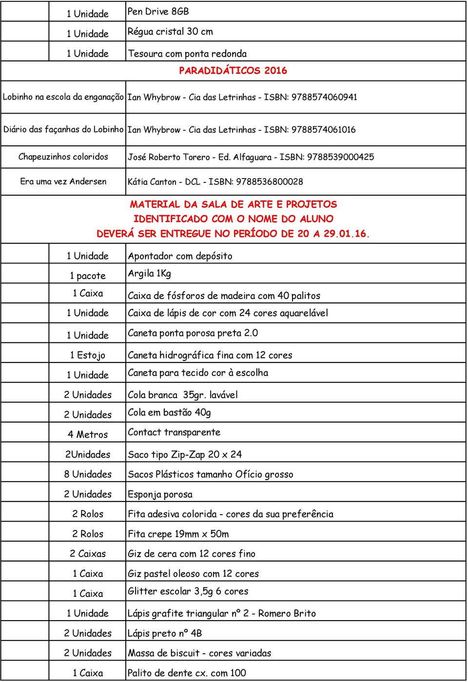 Alfaguara - ISBN: 9788539000425 Kátia Canton - DCL - ISBN: 9788536800028 MATERIAL DA SALA DE ARTE E PROJETOS IDENTIFICADO COM O NOME DO ALUNO DEVERÁ SER ENTREGUE NO PERÍODO DE 20 A 29.01.16.