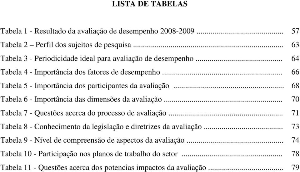 .. 66 Tabela 5 - Importância dos participantes da avaliação... 68 Tabela 6 - Importância das dimensões da avaliação... 70 Tabela 7 - Questões acerca do processo de avaliação.