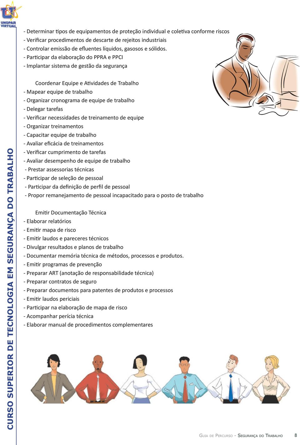 - Participar da elaboração do PPRA e PPCI - Implantar sistema de gestão da segurança Coordenar Equipe e Atividades de Trabalho - Mapear equipe de trabalho - Organizar cronograma de equipe de trabalho