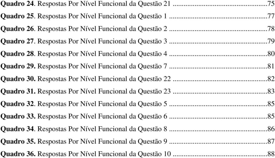 Respostas Por Nível Funcional da Questão 22...82 Quadro 31. Respostas Por Nível Funcional da Questão 23...83 Quadro 32. Respostas Por Nível Funcional da Questão 5...85 Quadro 33.