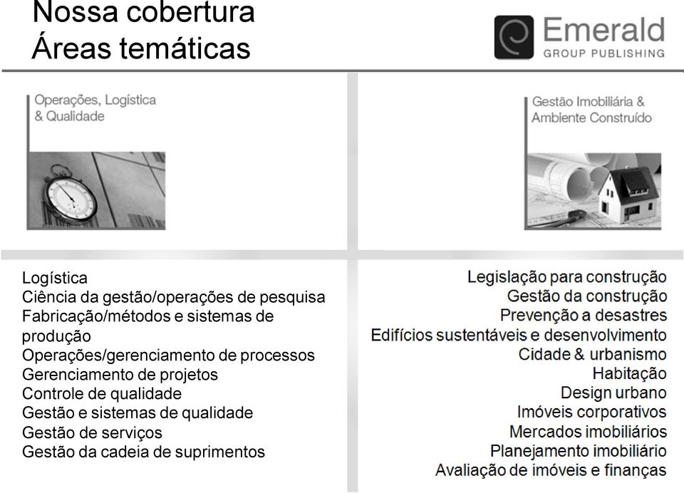 Gestão da cadeia de suprimentos Legislação para construção Gestão da construção Prevenção a desastres Edifícios sustentáveis?