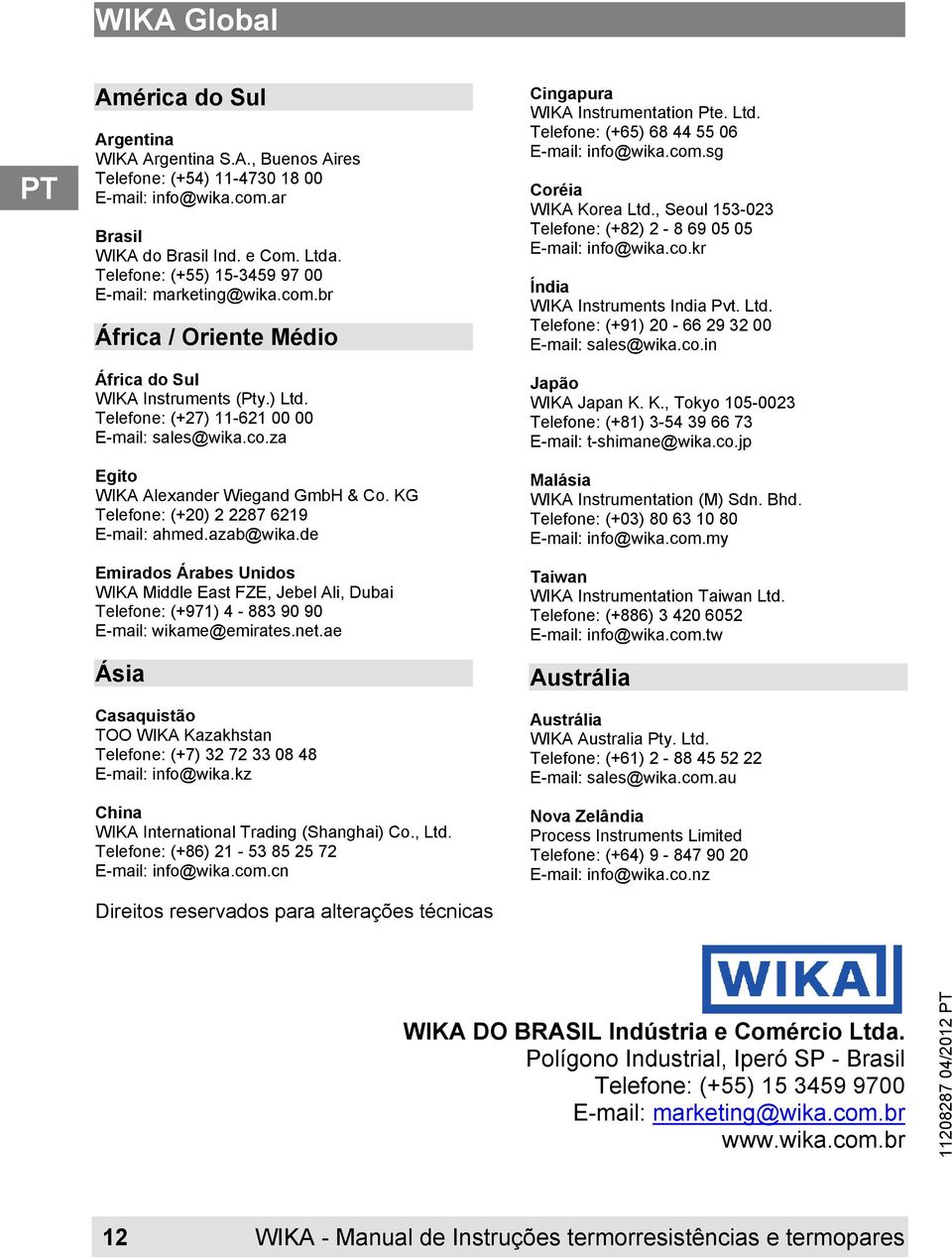 KG Telefone: (+20) 2 2287 6219 E-mail: ahmed.azab@wika.de Emirados Árabes Unidos WIKA Middle East FZE, Jebel Ali, Dubai Telefone: (+971) 4-883 90 90 E-mail: wikame@emirates.net.