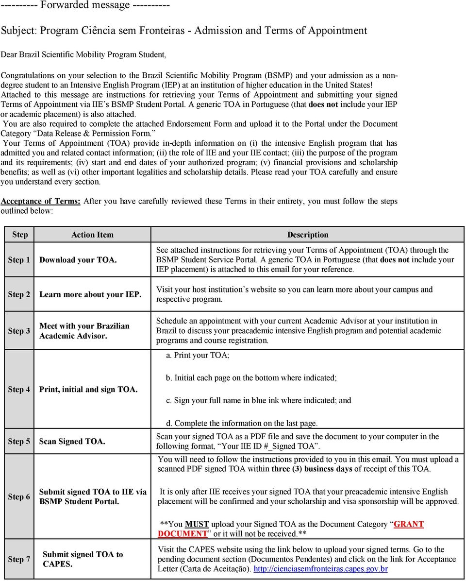 Attached to this message are instructions for retrieving your Terms of Appointment and submitting your signed Terms of Appointment via IIE s BSMP Student Portal.