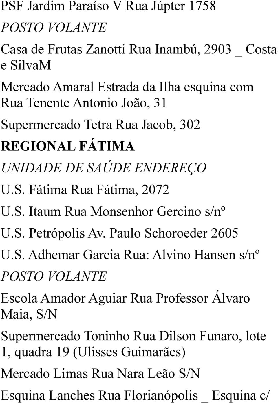 S. Petrópolis Av. Paulo Schoroeder 2605 U.S. Adhemar Garcia Rua: Alvino Hansen s/nº Escola Amador Aguiar Rua Professor Álvaro Maia, S/N