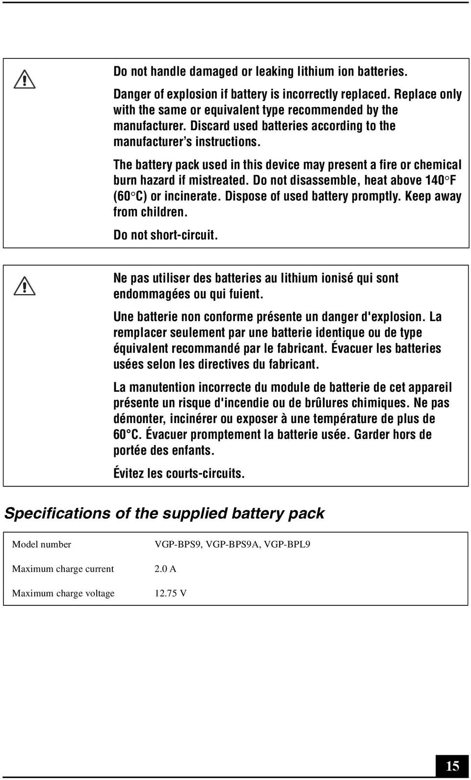 Do not disassemble, heat above 140 F (60 C) or incinerate. Dispose of used battery promptly. Keep away from children. Do not short-circuit.