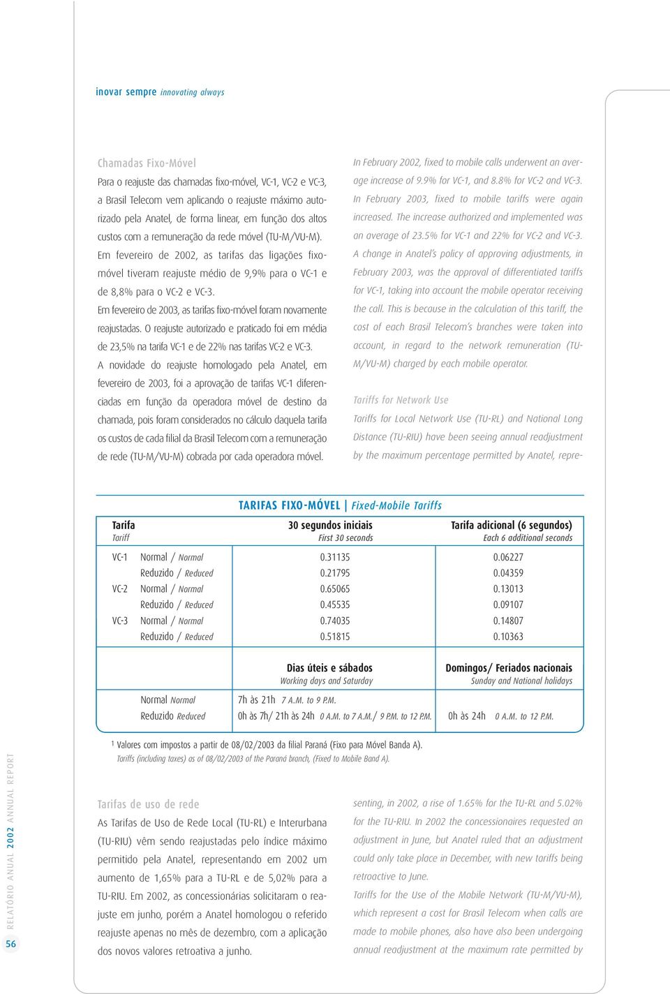 Em fevereiro de 2002, as tarifas das ligações fixomóvel tiveram reajuste médio de 9,9% para o VC-1 e de 8,8% para o VC-2 e VC-3.