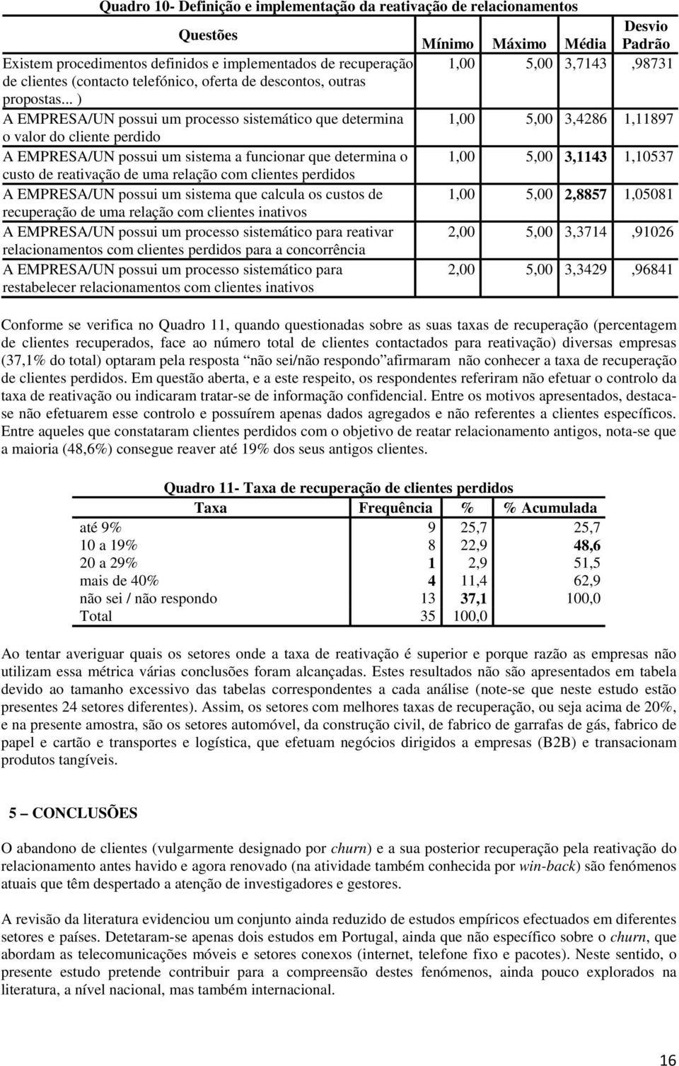 .. ) A EMPRESA/UN possui um processo sistemático que determina 1,00 5,00 3,4286 1,11897 o valor do cliente perdido A EMPRESA/UN possui um sistema a funcionar que determina o 1,00 5,00 3,1143 1,10537