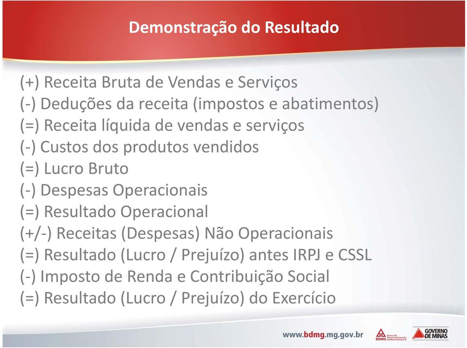 Despesas Operacionais (=) () Resultado Operacional (+/ ) Receitas (Despesas) Não Operacionais (=) () Resultado