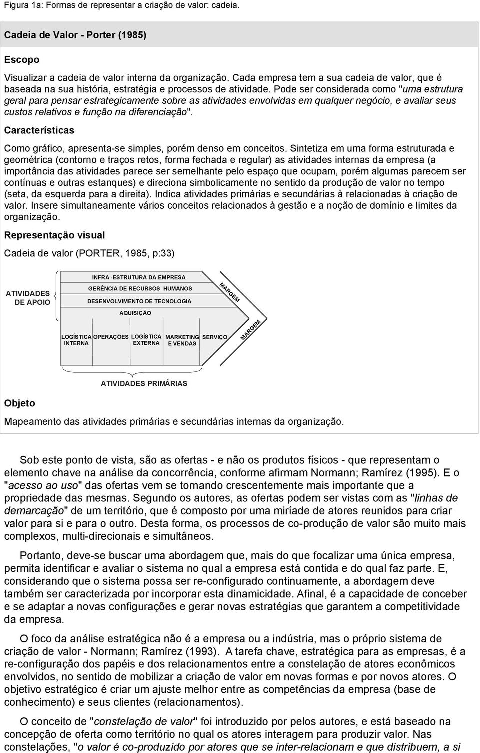 Pode ser considerada como "uma estrutura geral para pensar estrategicamente sobre as atividades envolvidas em qualquer negócio, e avaliar seus custos relativos e função na diferenciação".