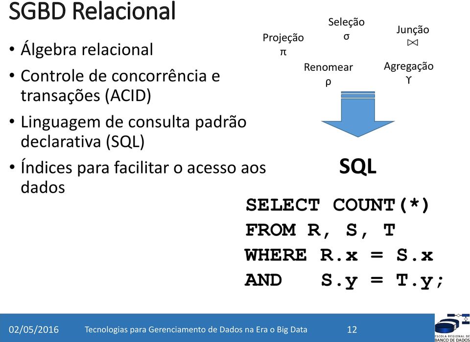 Junção Agregação ϒ Índices para facilitar o acesso aos dados SELECT COUNT(*) FROM R, S,