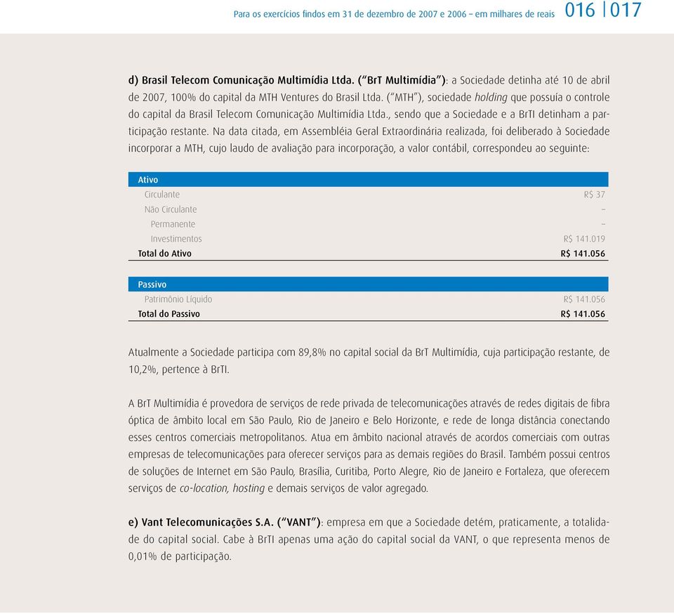 ( MTH ), sociedade holding que possuía o controle do capital da Brasil Telecom Comunicação Multimídia Ltda., sendo que a Sociedade e a BrTI detinham a participação restante.