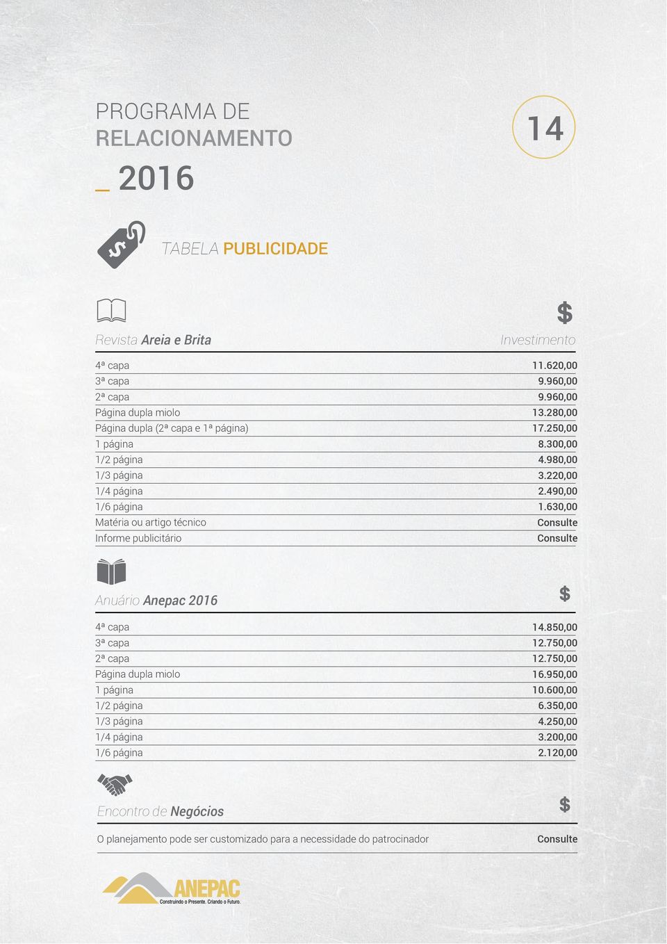 490,00 1.630,00 Consulte Consulte Anuário Anepac 2016 4ª capa 3ª capa 2ª capa Página dupla miolo 1 página 1/2 página 1/3 página 1/4 página 1/6 página 14.