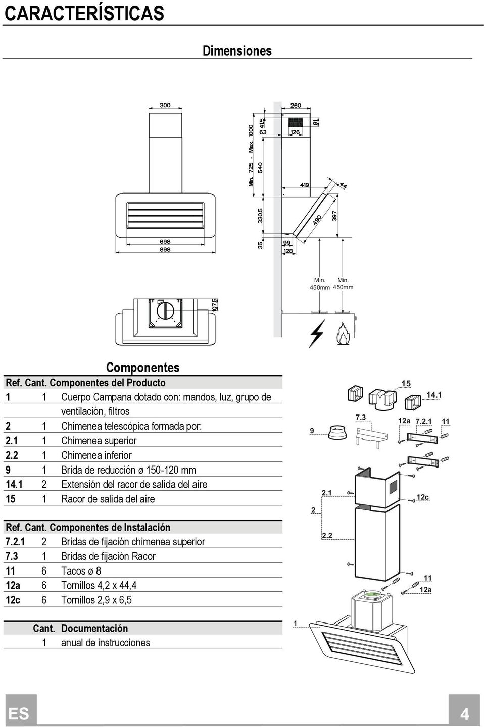 2 1 Chimenea inferior 9 1 Brida de reducción ø 150-120 mm 14.1 2 Extensión del racor de salida del aire 15 1 Racor de salida del aire 9 2 2.1 7.3 15 14.1 12a 7.2.1 11 12c Ref.