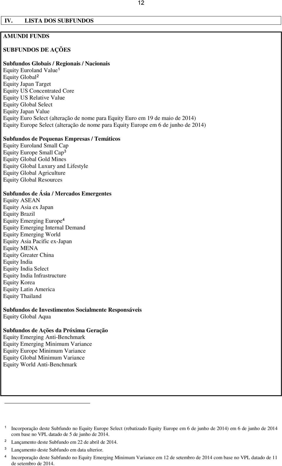 Relative Value Equity Global Select Equity Japan Value Equity Euro Select (alteração de nome para Equity Euro em 19 de maio de 2014) Equity Europe Select (alteração de nome para Equity Europe em 6 de