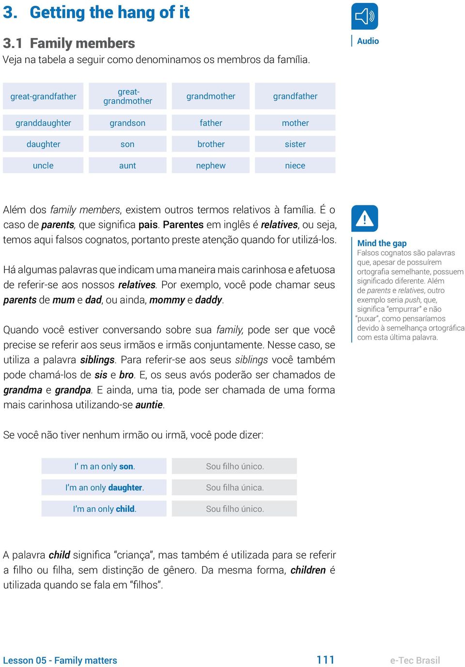 relativos à família. É o caso de parents, que significa pais. Parentes em inglês é relatives, ou seja, temos aqui falsos cognatos, portanto preste atenção quando for utilizá-los.