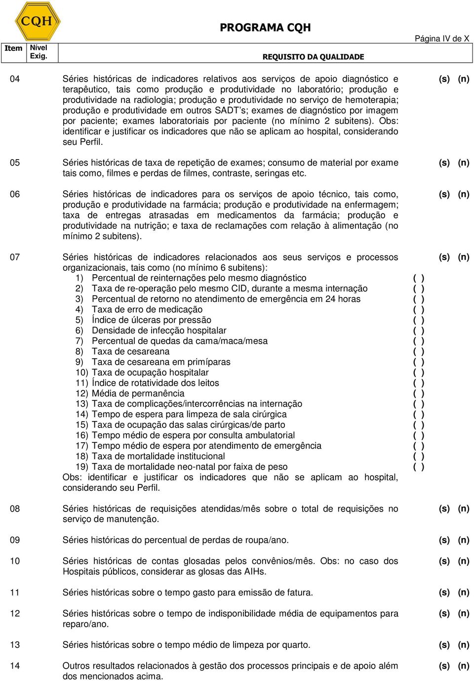 2 subitens). Obs: identificar e justificar os indicadores que não se aplicam ao hospital, considerando seu Perfil.