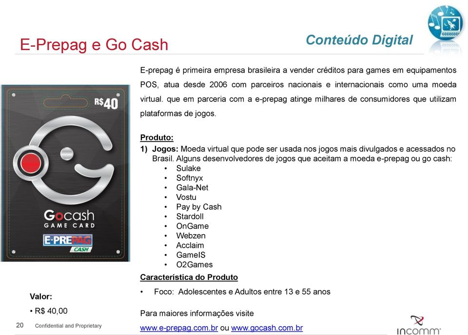 20 Valor: R$ 40,00 Produto: 1) Jogos: Moeda virtual que pode ser usada nos jogos mais divulgados e acessados no Brasil.