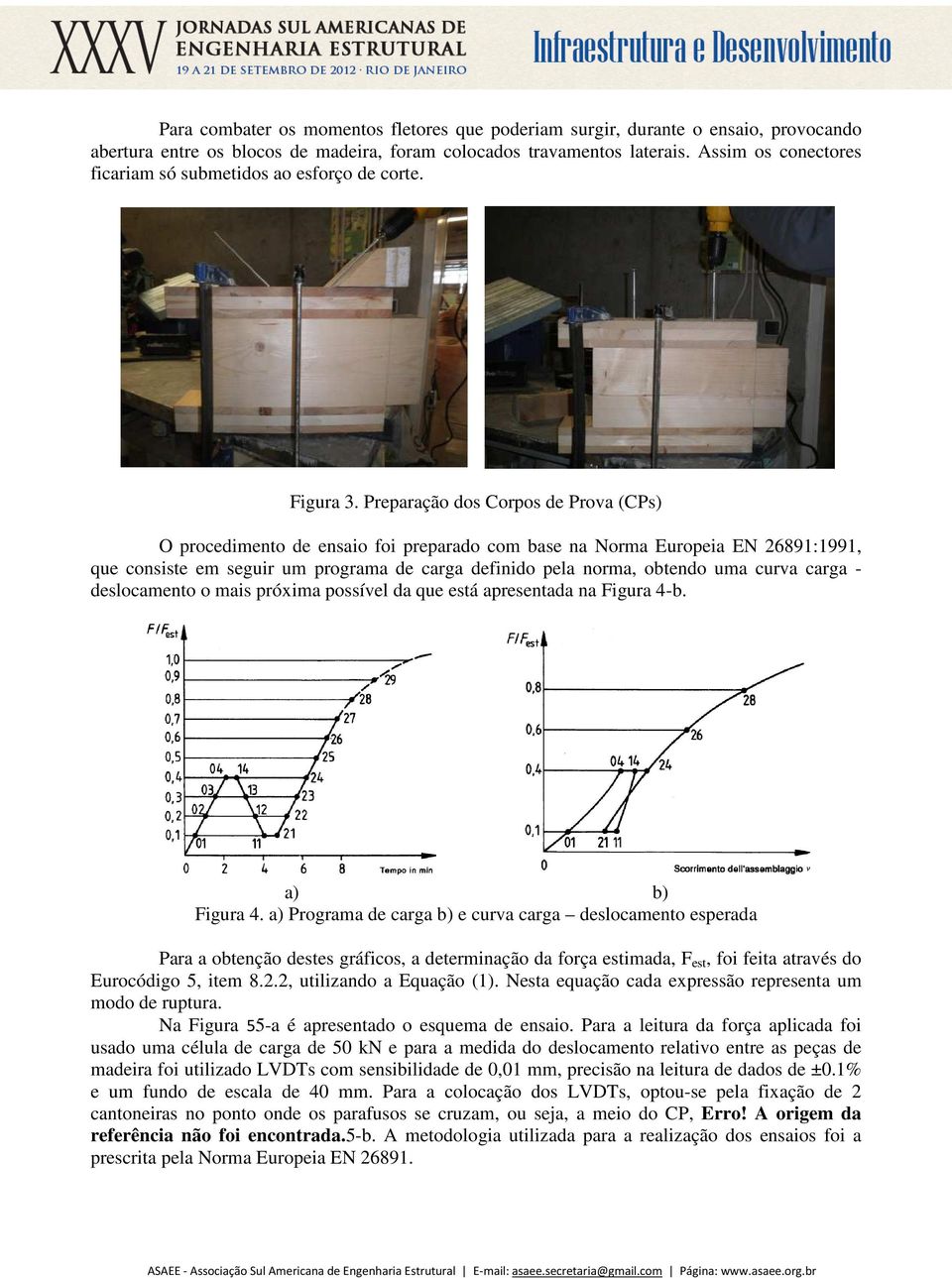 Preparação dos Corpos de Prova (CPs) O procedimento de ensaio foi preparado com base na Norma Europeia EN 26891:1991, que consiste em seguir um programa de carga definido pela norma, obtendo uma