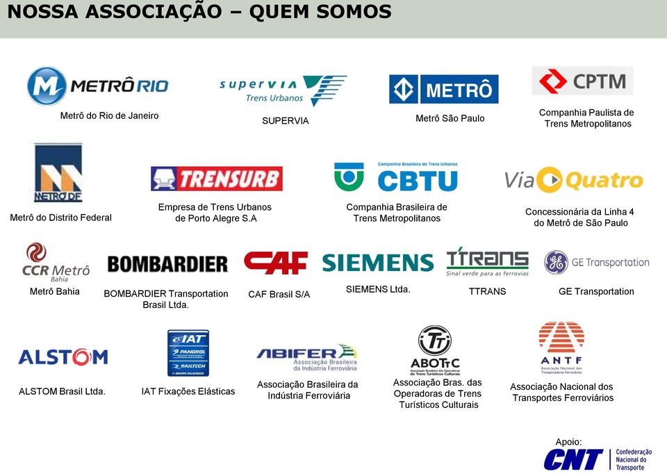 A Companhia Brasileira de Trens Metropolitanos Concessionária da Linha 4 do Metrô de São Paulo Metrô Bahia BOMBARDIER Transportation Brasil Ltda.