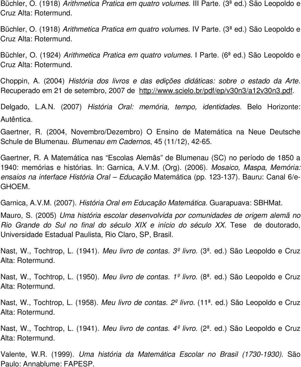 br/pdf/ep/v30n3/a12v30n3.pdf. Delgado, L.A.N. (2007) História Oral: memória, tempo, identidades. Belo Horizonte: Autêntica. Gaertner, R.