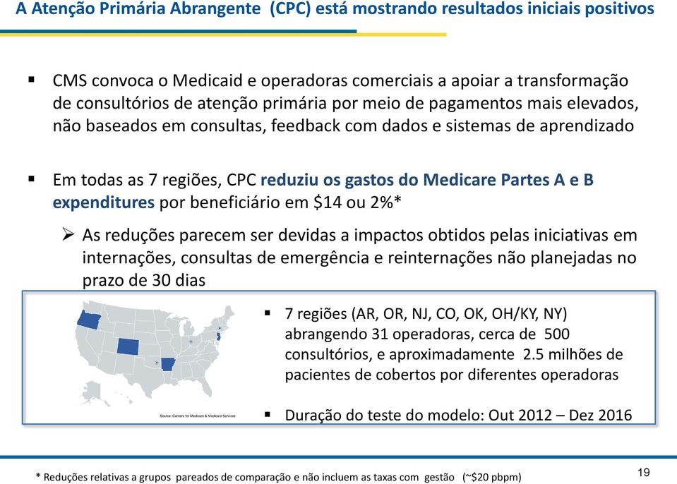 beneficiário em $14 ou 2%* As reduções parecem ser devidas a impactos obtidos pelas iniciativas em internações, consultas de emergência e reinternações não planejadas no prazo de 30 dias 7 regiões