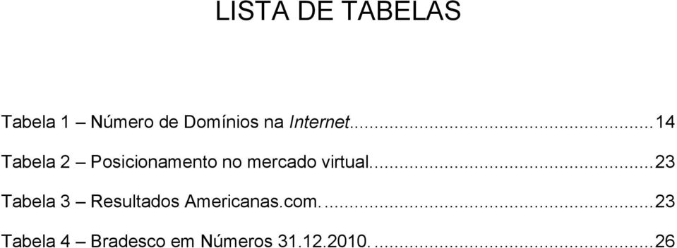 .. 14 Tabela 2 Posicionamento no mercado virtual.