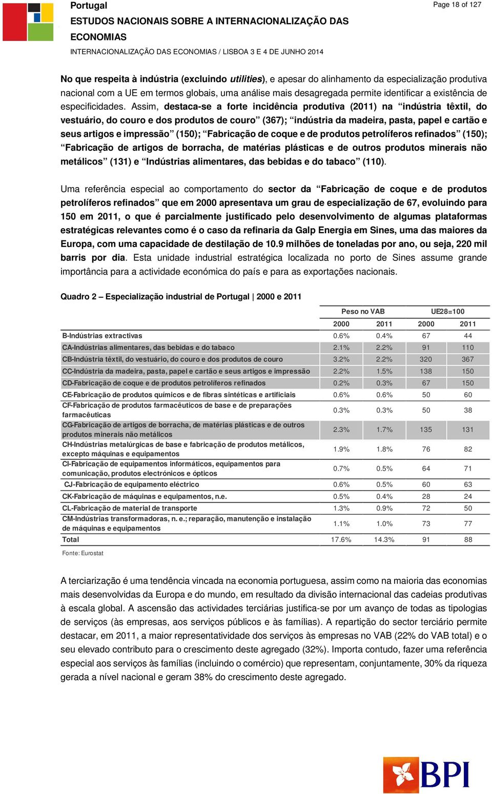 Assim, destaca-se a forte incidência produtiva (2011) na indústria têxtil, do vestuário, do couro e dos produtos de couro (367); indústria da madeira, pasta, papel e cartão e seus artigos e impressão