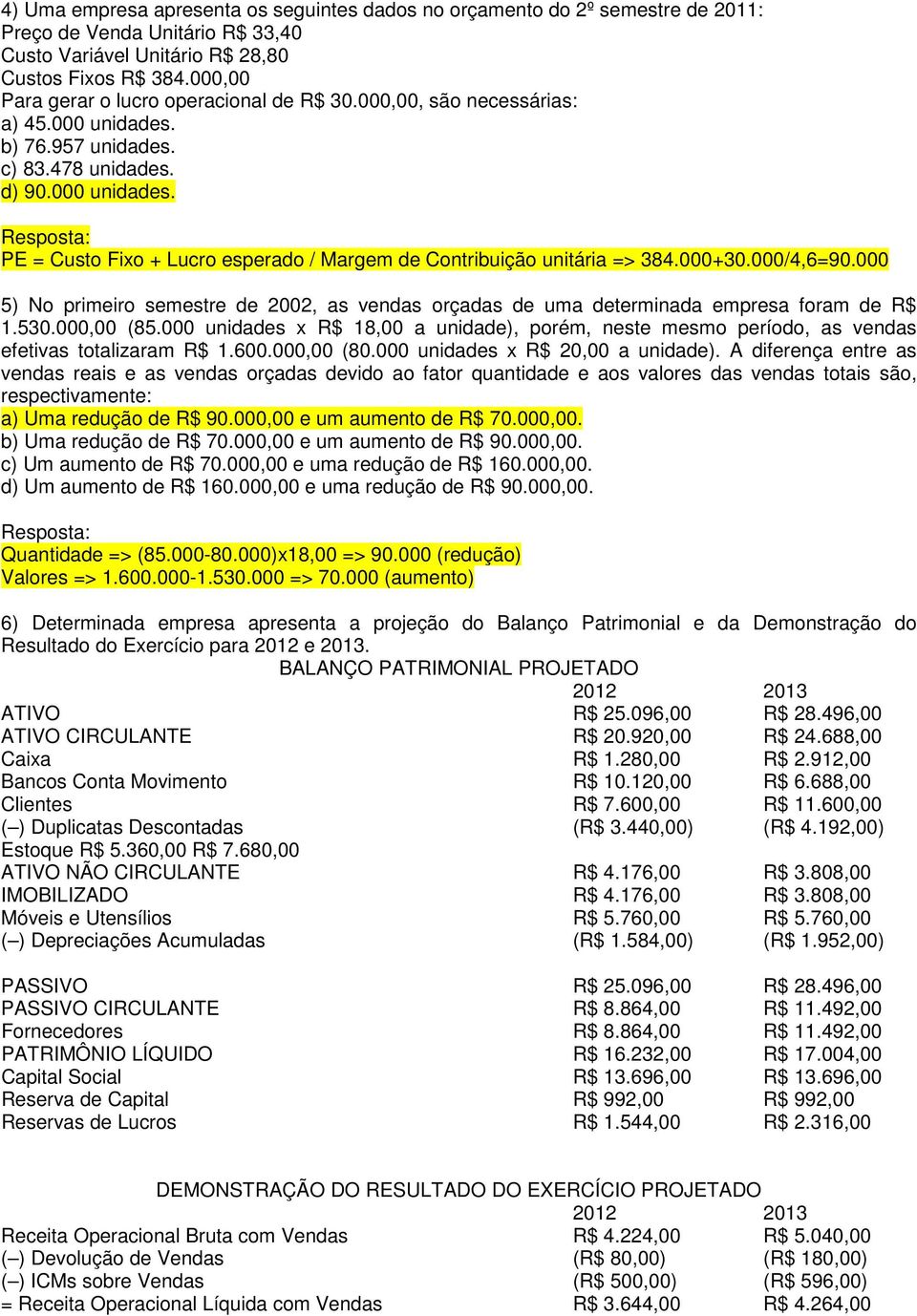 000+30.000/4,6=90.000 5) No primeiro semestre de 2002, as vendas orçadas de uma determinada empresa foram de R$ 1.530.000,00 (85.