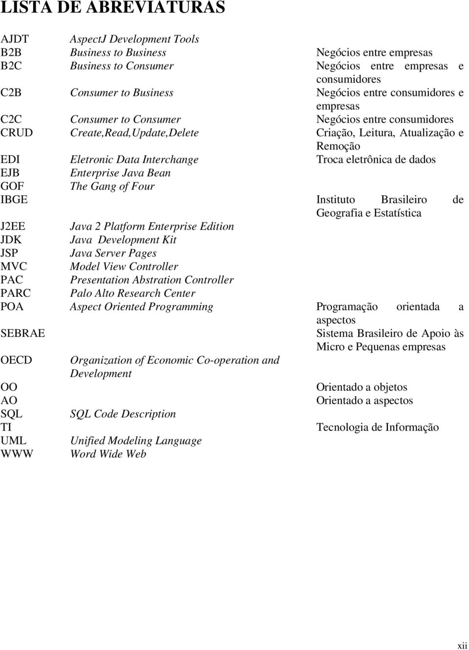 eletrônica de dados EJB Enterprise Java Bean GOF The Gang of Four IBGE Instituto Brasileiro de Geografia e Estatística J2EE Java 2 Platform Enterprise Edition JDK Java Development Kit JSP Java Server