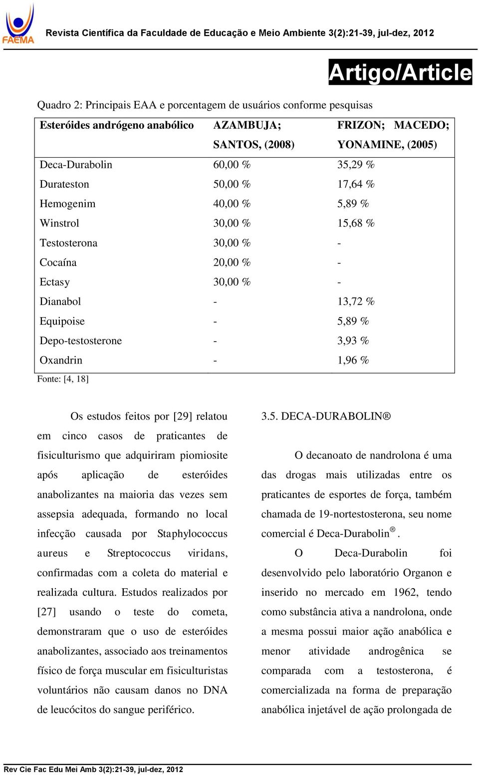 FRIZON; MACEDO; YONAMINE, (2005) Os estudos feitos por [29] relatou em cinco casos de praticantes de fisiculturismo que adquiriram piomiosite após aplicação de esteróides anabolizantes na maioria das