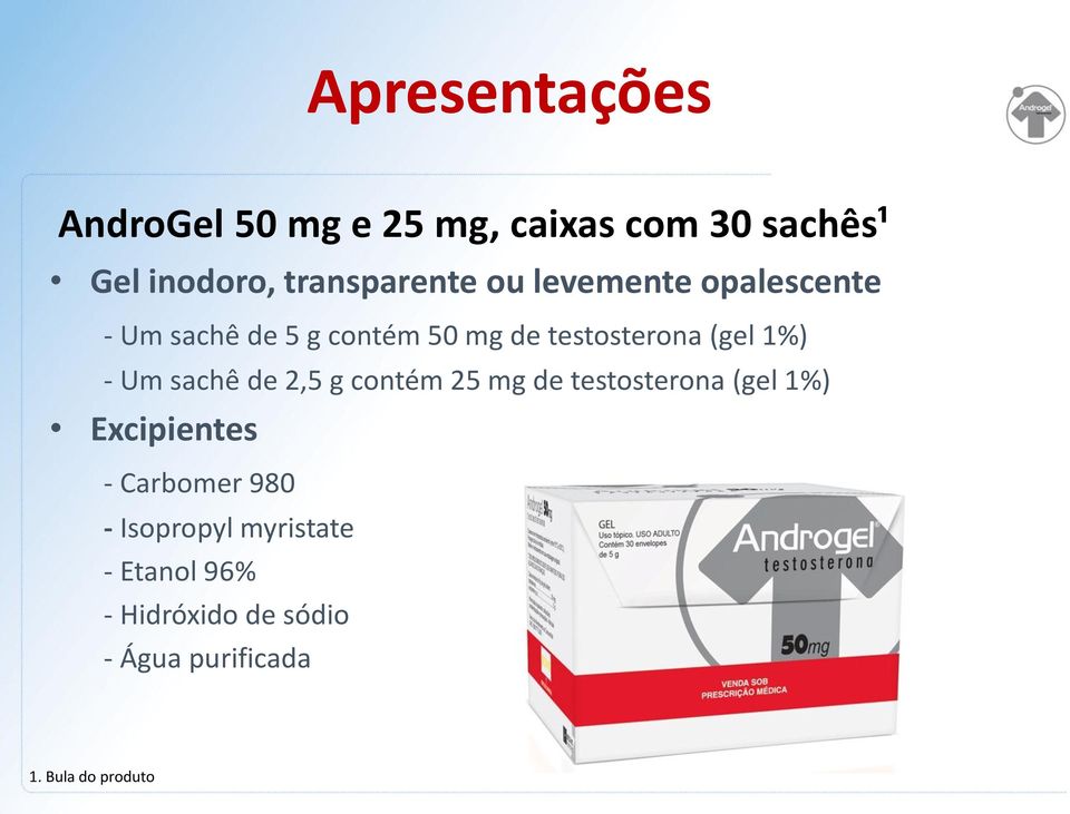 sachê de 2,5 g contém 25 mg de testosterona (gel 1%) Excipientes - Carbomer 980 -