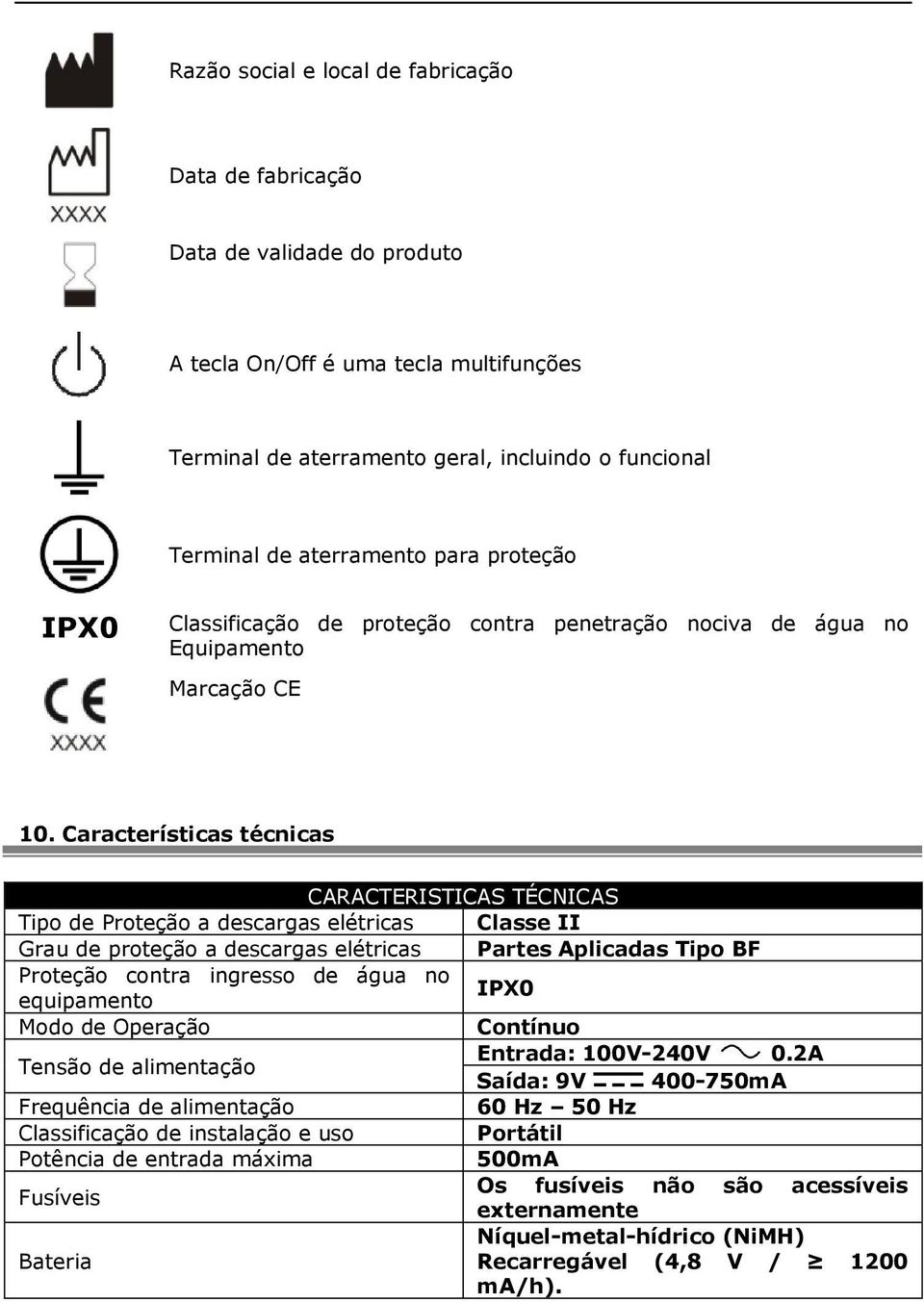 Características técnicas CARACTERISTICAS TÉCNICAS Tipo de Proteção a descargas elétricas Classe II Grau de proteção a descargas elétricas Partes Aplicadas Tipo BF Proteção contra ingresso de água no